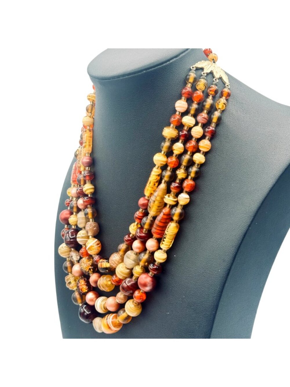 Vintage Multi-Strand Glass Bead Bib Necklace Handmade Lampwork Fall Colors - Picture 3 of 9